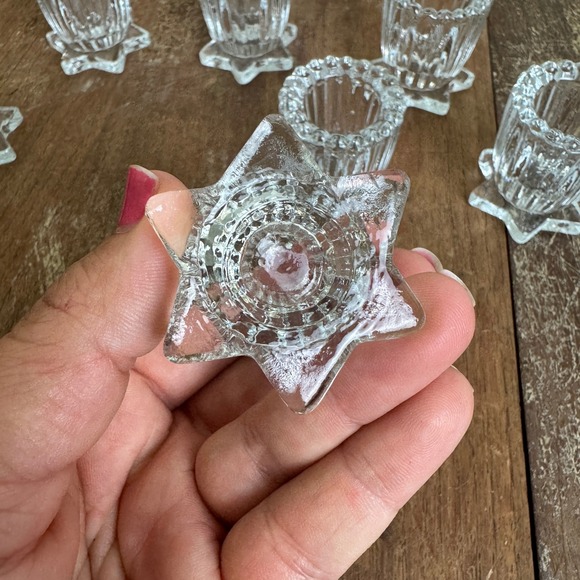 Vintage Set 7 Pressed Glass Star Base Scalloped Edge Candle holder Salt Cellar - Picture 3 of 8